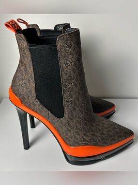 Michael Kors Brown Patterned Chelsea Boot with Orange Trim